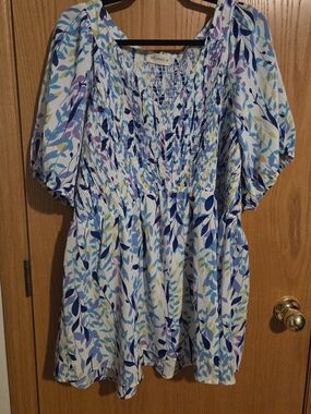 The Nines Boutique Floral Smocked Babydoll Tunic - Blue, Purple, Yellow